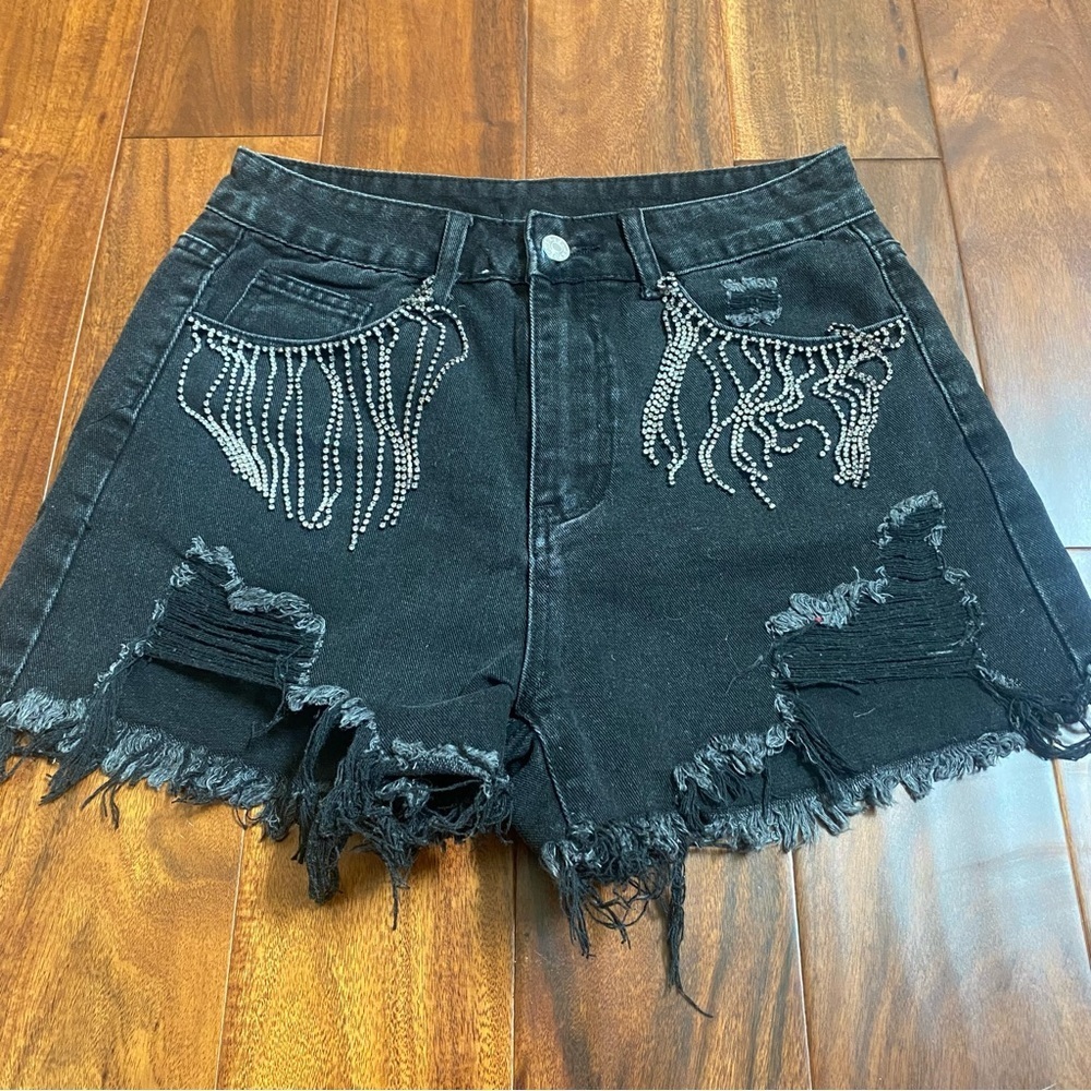 Black Distressed Denim Shorts With Rhinestone Fringe Size 4 Small Raw Hem
